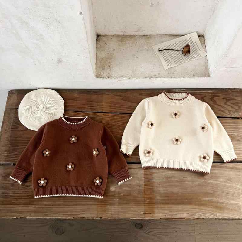 ニットセーター 女の子 ベビー 純綿 立体花柄 長袖 プルオーバー 暖か 厚手 圓領 柔らかい かわいい ガーデン風 ベージュ ブラウン