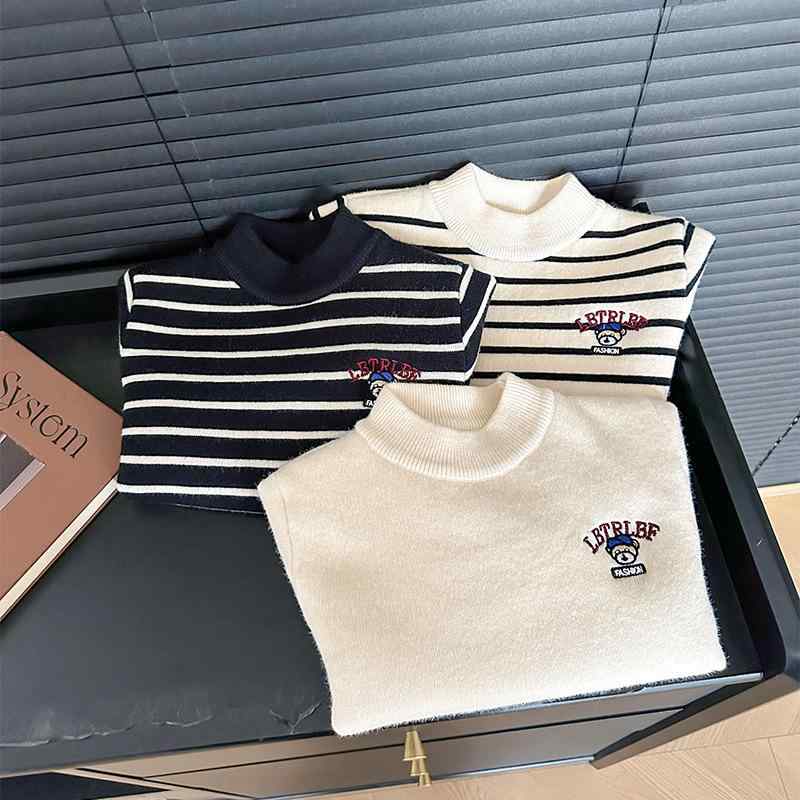 子供用 セーター 男の子 女の子 冬 韓国 厚手 刺繍 ニット 長袖 丸首 アクリル混 ポリエステル ナイロン 柔らかい 動物柄 ストライプ 単色 カートゥーン アルファベット ベージュ ブラック