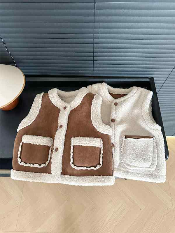 キッズ 男の子 女の子 ベスト 韓国 フリース 切り替え 両面着用 厚手 冬用 ポリエステル ブラウン かわいい ピンカラー ブリティッシュ トレンド