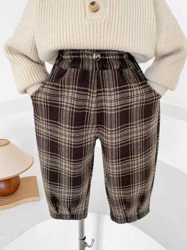 子供ズボン 男の子 女の子 秋冬 韓国 茶 裏地付き チェック柄 切り替え 伸縮性 ポリエステル 柔らかい 中腰 ゴム腰 カジュアル 普段使い 暖か 保育園 幼稚園 日常着