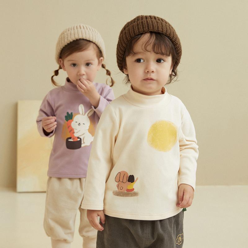 Tシャツ 男の子 女の子 長袖 カートゥーン プリント ハーフ ハイネック インナー カジュアル 韓国 動物柄 かわいい ポリエステル クリームホワイト ラベンダー 春秋