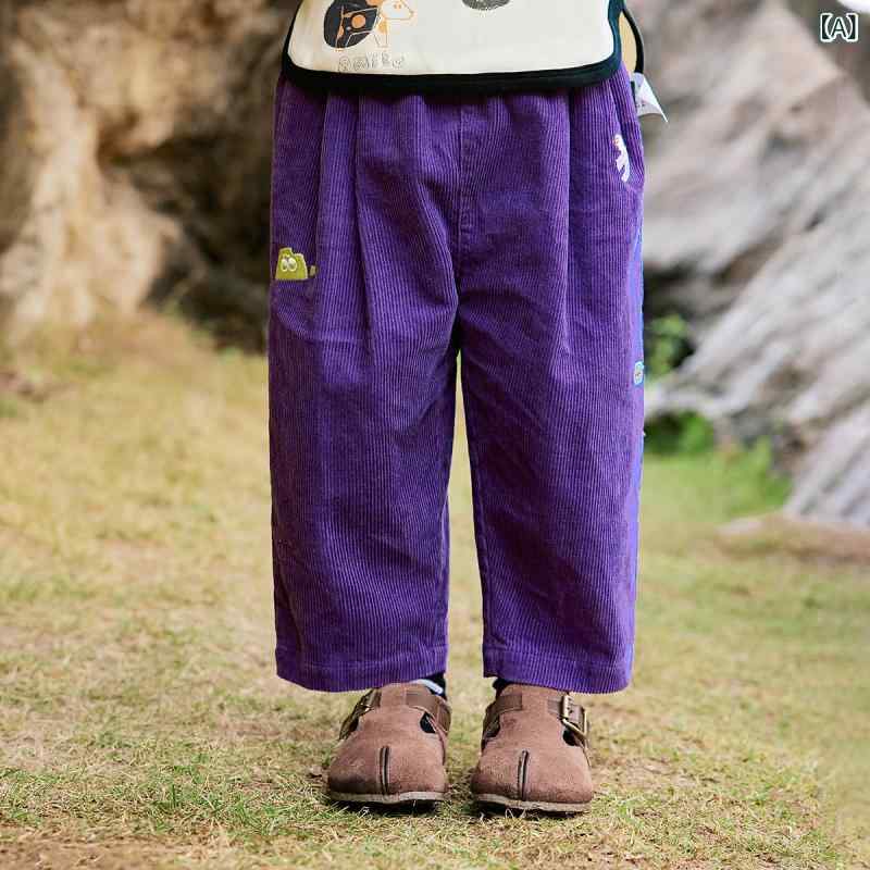 キッズ カジュアル パンツ 男の子 女の子 かわいい ロング 秋 綿 ハイウエスト ゴムウエスト 無地 ベーシック カートゥーン調柄 アニマルプリント 紫 杏 普段使い 伸縮性
