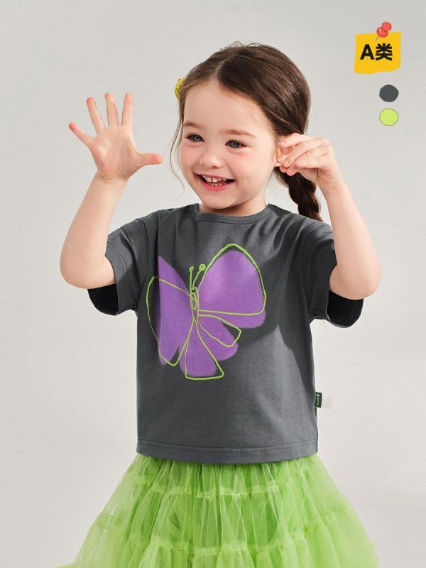 女の子 夏 半袖 Tシャツ かわいい 蝶 プリント 親子 トップス 綿混 伸縮性 ラウンドネック グレー グリーン