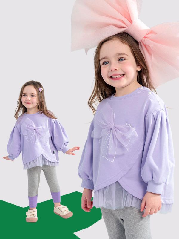 女の子 かわいい 蝶結 花柄 長袖 トップス ロングパンツ セット 綿混 レース素材 ピンク パープル イエロー 春秋 キッズ服 普段使い 軽量 伸縮性