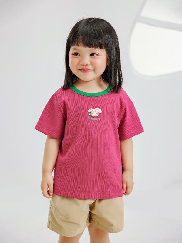 女の子 丸首 半袖 Tシャツ 夏 カジュアル トップス かわいい プリント 綿混 ストレッチ ピンク 緑 赤
