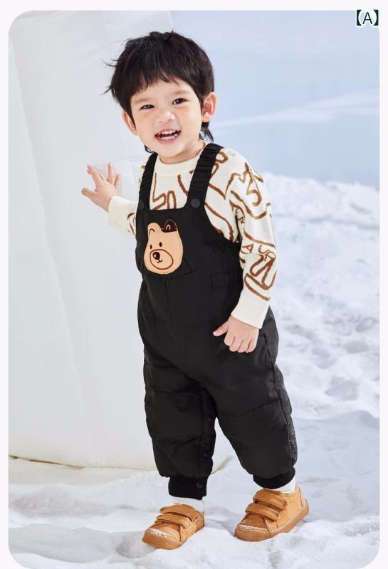 ダウン サスペンダー パンツ 男の子 ベビー キッズ 秋冬 加厚 保温 グレー ダックダウン ハイウエスト カジュアル 日常 ポリエステル 綿 裏地 黒 深茶 黒白