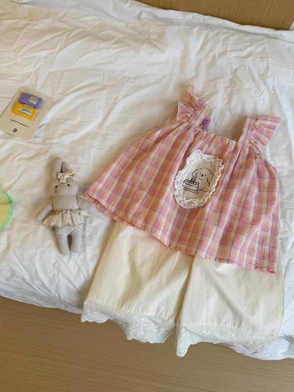 女の子 ベビー ピンク チェック ノースリーブ トップス ロングパンツ 2点セット コットン 薄手 柔軟 かわいい カートゥーン調柄 夏服 通気性 伸縮性