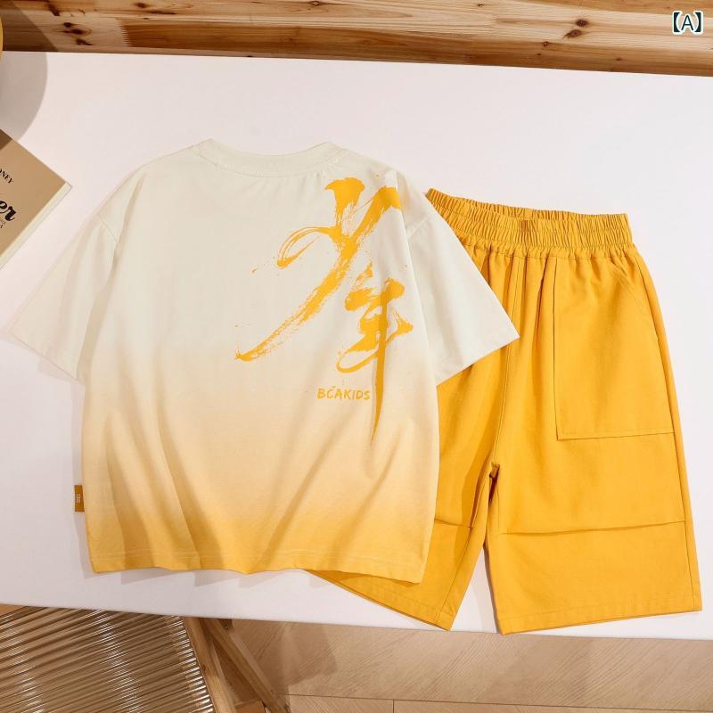 男の子 夏 カジュアル 半袖 Tシャツ 短パン 2点セット コットン 混紡 薄手 通気性 杏 浅緑 キッズ ジュニア 普段使い トップス ボトムス
