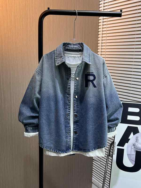 デニムジャケット 男の子 長袖 シャツスタイル 春秋 カジュアル ラペル襟 切り替え 青 綿混 ポリエステル 柔軟素材 ジュニア 普段使い 通学 学校外出
