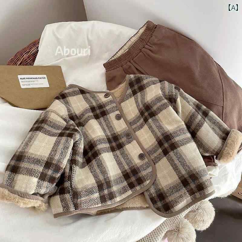 ベビー キッズ 男の子 女の子 冬 コート チェック柄 クルーネック ボタン開き 柔らかい ポリエステル 薄手 加厚 レトロ ブラウン 暖か 軽量 オールシーズン使いやすい
