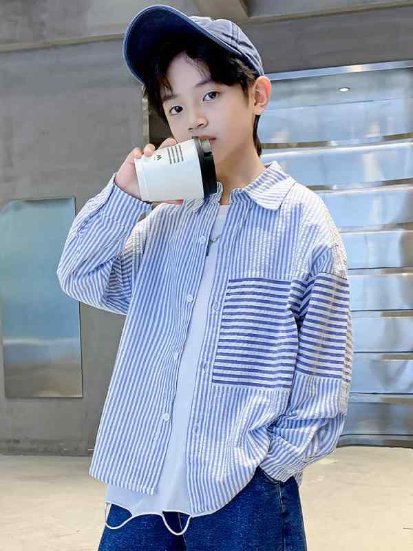 男の子 シャツ 長袖 ストライプ 白 コットン 柔軟素材 春秋 カジュアル 普段使い 通学 韓国スタイル スタイリッシュ トップス 綿混 軽量 伸縮性
