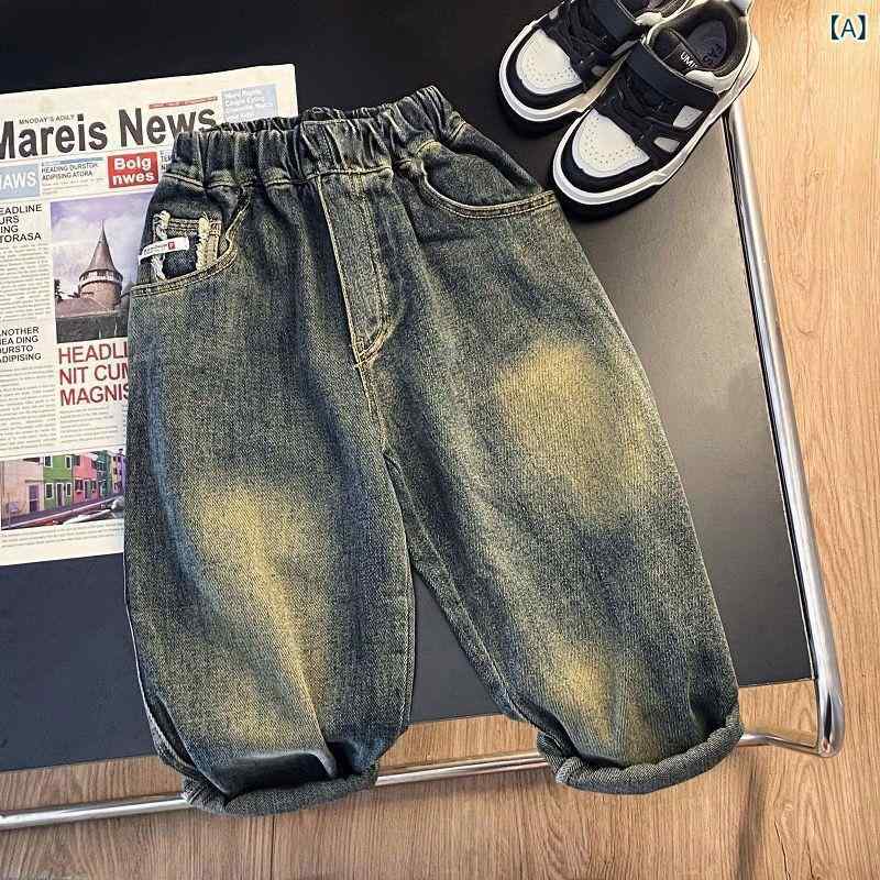 デニムパンツ 男の子 レトロ カジュアル シンプル 柔らかい コットン混紡 ポリエステル ベーシック 春秋 普段使い 伸縮性 ストレート グレー