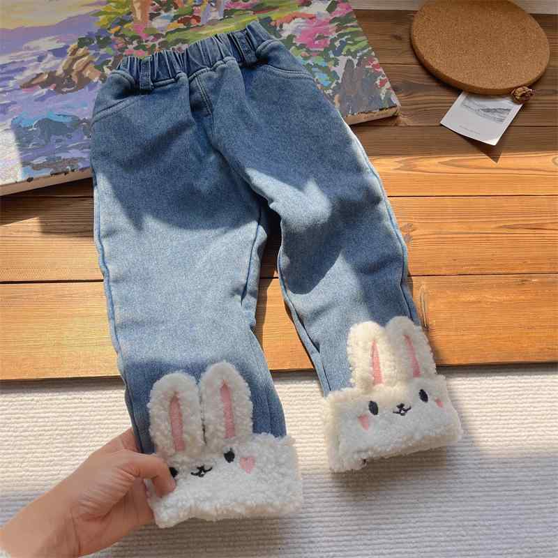 デニムパンツ 女の子 うさぎ刺繍 ロールアップ 加厚 秋冬 伸縮性 スリムフィット 厚手 ポリエステル混紡 カジュアル 柔らかい素材 暖か 普段使い