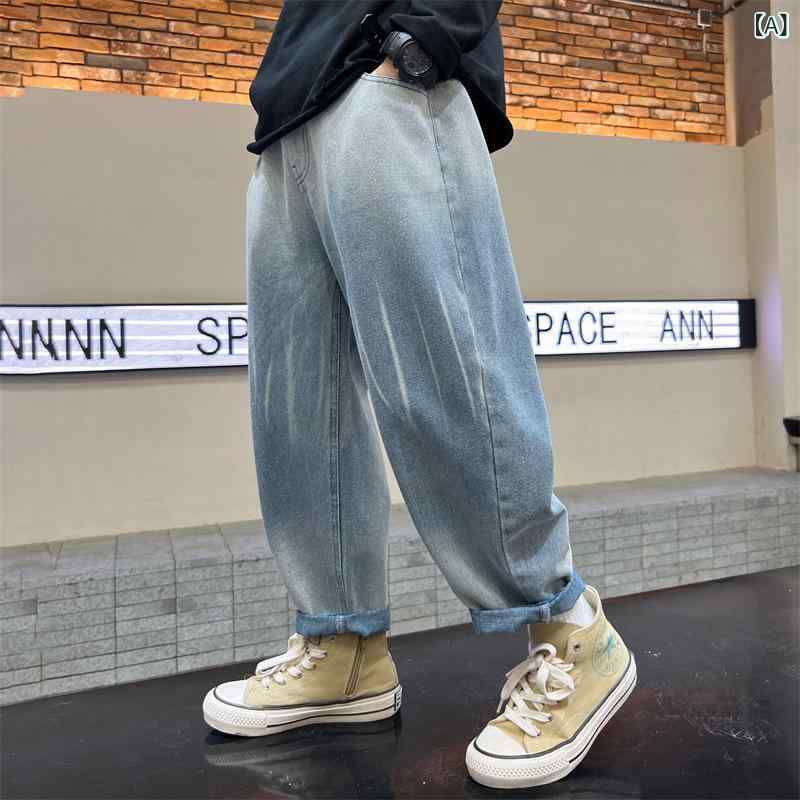 男の子 夏用 デニムパンツ 薄手 防蚊 綿素材 柔軟処理 中腰 ストレート トレンド 青 クール 子供服 大きめサイズ 吸湿速乾 通気性 軽量 カジュアル