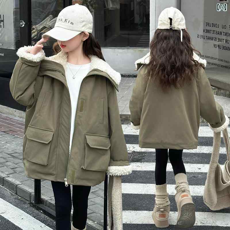 女の子 秋冬 コート フード付き 綿素材 加厚暖か 柔らかい肌触り 切り替え 純色 軍緑 カジュアル 普段使い 韓国スタイル 伸縮性 軽量