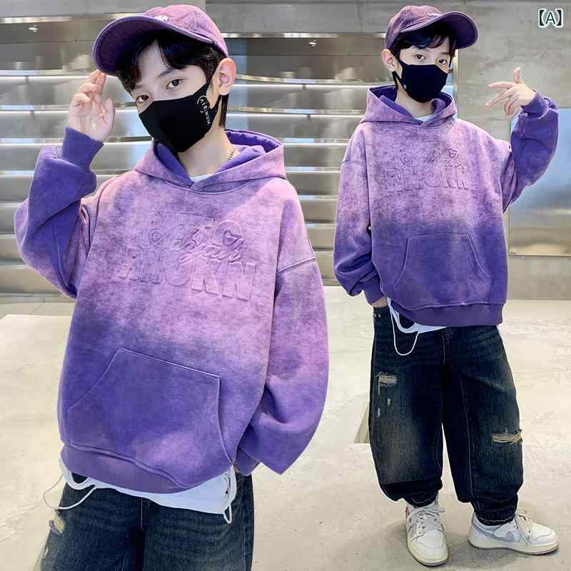 フーディー 男の子 春秋 長袖 紫 コットン アルファベット プリント 切り替え 柔らかい トレンド ストリート カジュアル トップス 中大童 伸縮性 吸湿速乾 軽量 普段使い