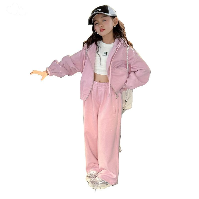 女の子 ニット フード付き スウェット トップス ワイドパンツ セット 綿混 柔らかい 長袖 ロングパンツ 春秋 カジュアル 杏 ピンク