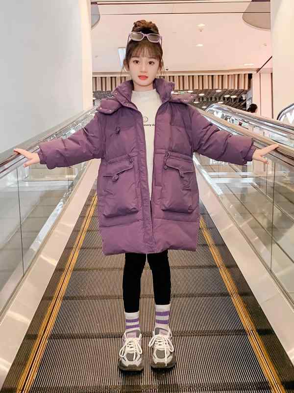 女の子 冬 コート フード 付き 加厚 保暖 綿 填充 ポリエステル 混紡 紫 韓国 抽象 柄 柔軟 加工 スタンドカラー ジッパー トレンド