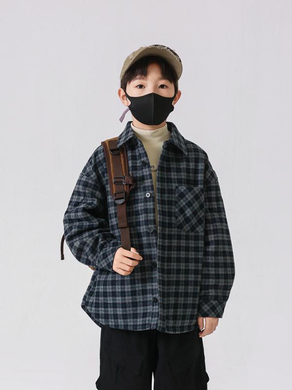 コート 男の子 冬 厚手 綿入 ラペル チェック柄 長袖 ショート丈 韓国 柔らかい 綿混 ポリエステル裏地 シングルブレスト トレンド ストリート カジュアル スタイリッシュ