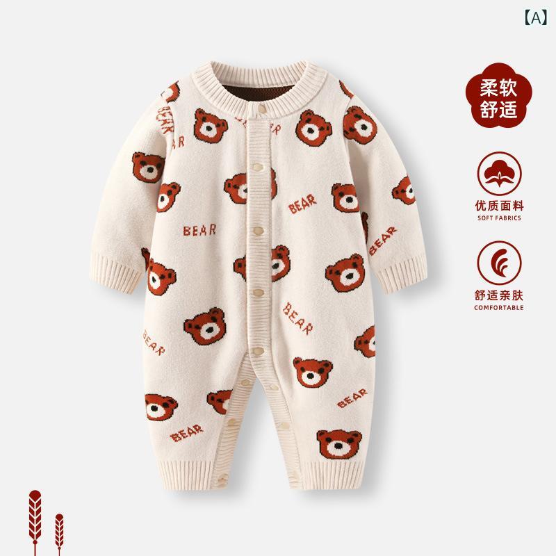ベビー ロンパース 男の子 女の子 秋冬 暖か コットン 長袖 新生児 満月服 お正月服 縁起柄 動物プリント 赤 ベージュ 韓国 クローラー ニット トップス 素材 伸縮性 普段使い