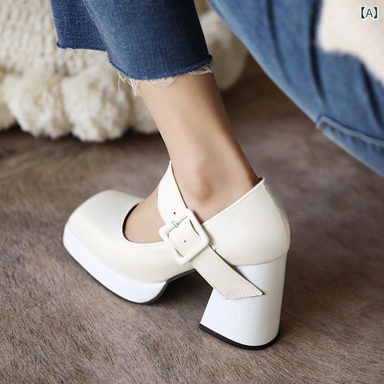 レディース スクエアトゥ チャンキーヒール パンプス ベルクロ ストラップ 合成皮革 ローカット 春夏秋 英国風 宴会用 白 黒 ワインレッド