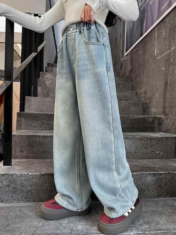 デニムパンツ 女の子 ワイドレッグ ストレート 加厚 オールシーズン カジュアル ロング 柔らかい 柔軟 ポリエステル 中腰 ゴムウエスト ベーシック 子供 中学生 普段使い スタイリッシュ 4,125円