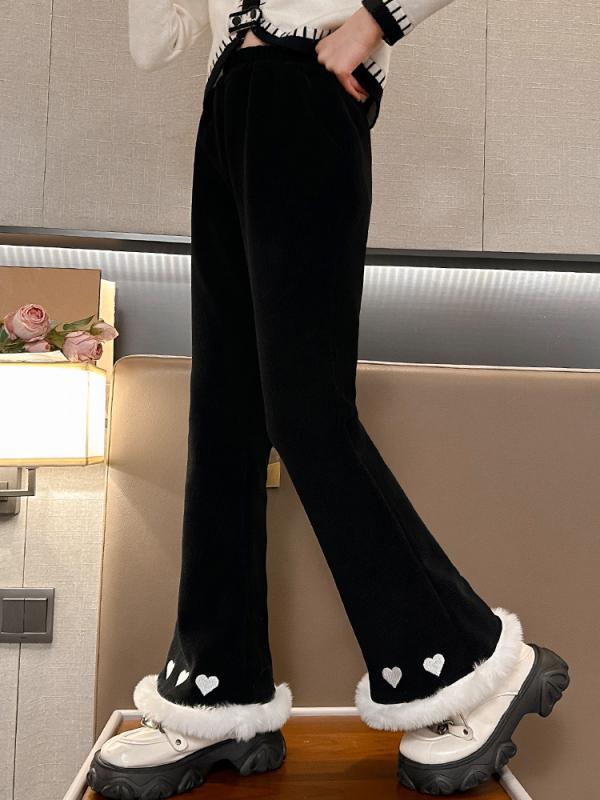 パンツ 女の子 ジュニア 冬 暖か 裏起毛 厚手 フレアパンツ 長丈 ハイウエスト ゴムウエスト ポリエステル コットン混紡 柔らかい 黒 ハート柄 韓国 カジュアル トレンド おしゃれ ストリート 4,289円