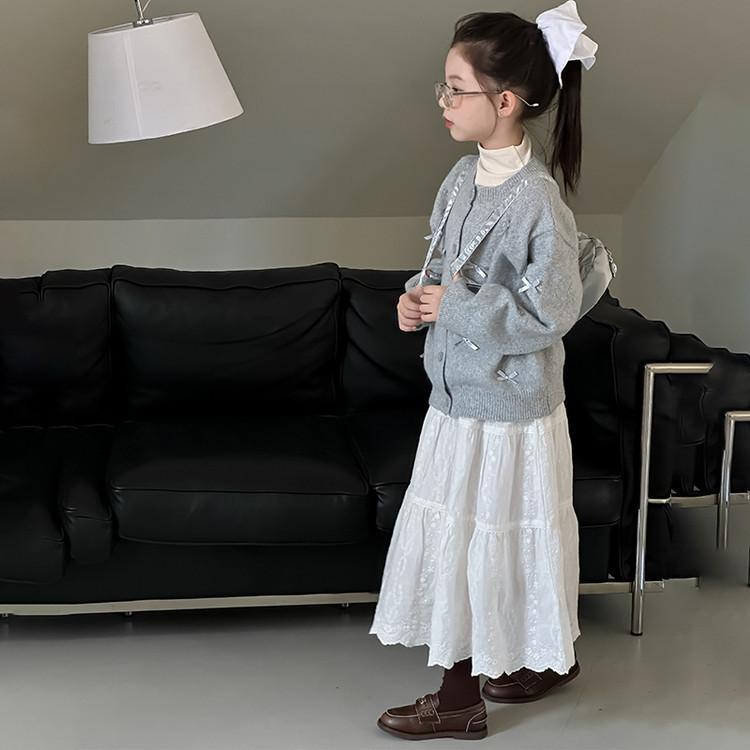 女の子 春秋 ニット カーディガン スカート セット 長袖 円領 ボタン 蝶結び 綿 柔らか素材 かわいい 灰 白 普段使い