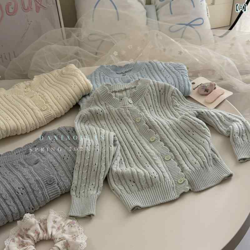 ニットカーディガン 女の子 レース 編み 春 コットン 素材 韓国 スタイリッシュ オープン 軽量 柔らかい 緑 白 青 子供服 アウター 普段使い