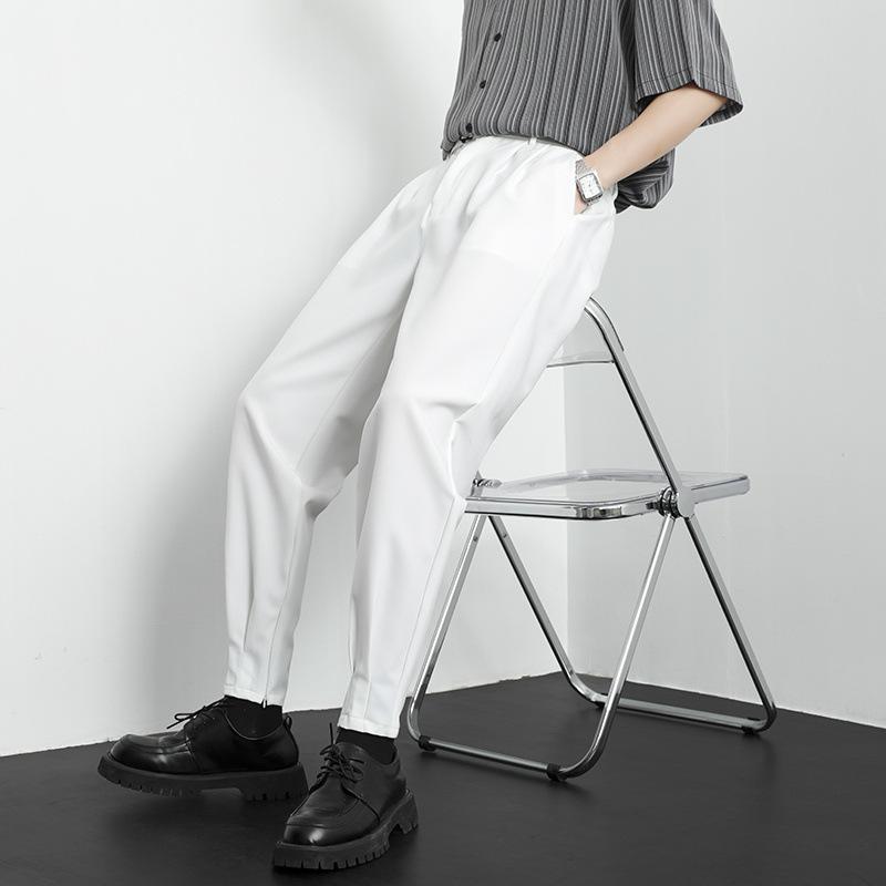 メンズ パンツ スラックス 9分丈 裾絞り ジッパー ストレート 夏 ポリエステル ノンアイロン 高弾力 多ポケット 日常 ライトビジネス 原宿スタイル 白 黒 カーキ 青年向け トレンド