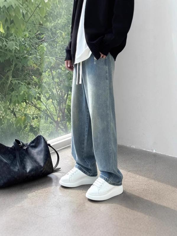 デニムパンツ メンズ ストレート ワイドレッグ ルーズ ヴィンテージ風 ウォッシュ ハイストリート アメリカン カジュアル ロング 中腰 オールシーズン コットン ブルー ブラック