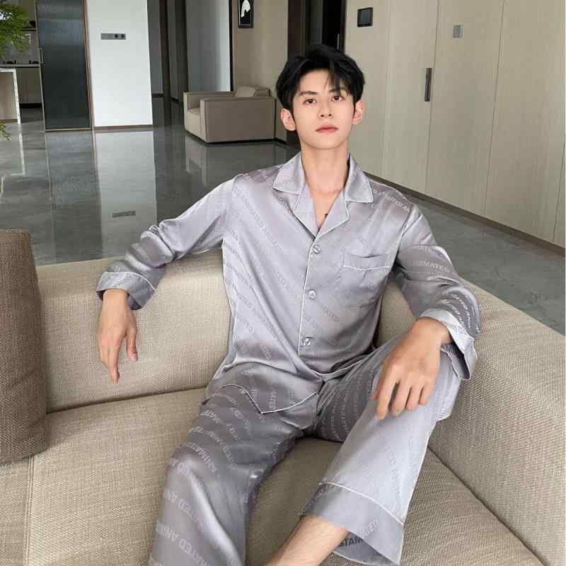 メンズ パジャマ 長袖 ロングパンツ セット 接触冷感 Vネック シンプル カジュアル 快適 通気性 ホーム 外出 春秋 シルバー ブルー グレー