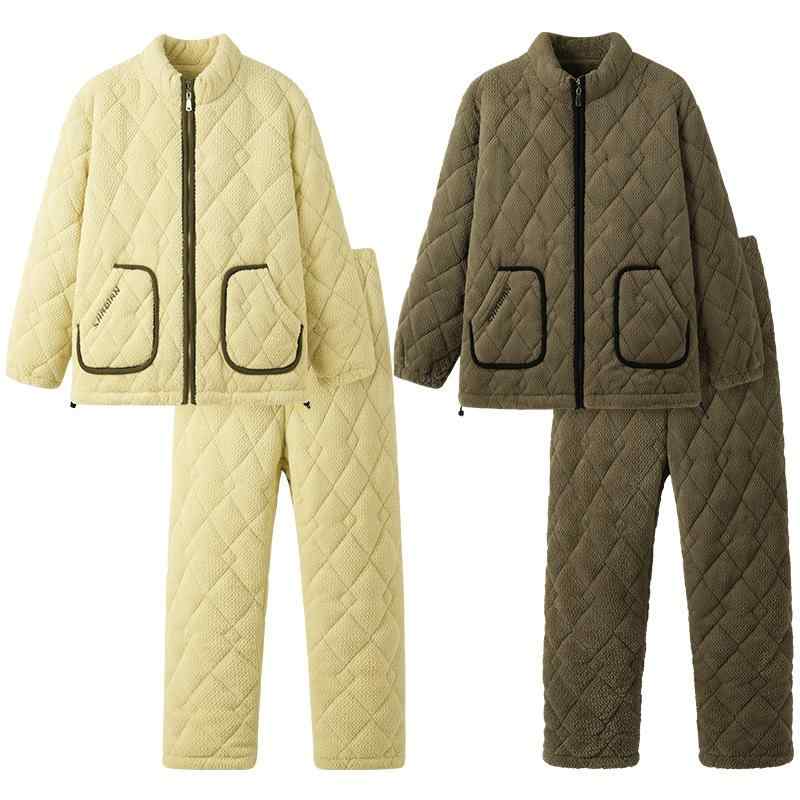 ルームウェア パジャマ メンズ レディース 秋冬 厚手 3層 保温 綿 スタンドカラー 開襟 二重ポケット 長袖 長パンツ セット 快適 カジュアル スポーツ風 高級感 ポリエステル アウトドア｜おうち健康生活