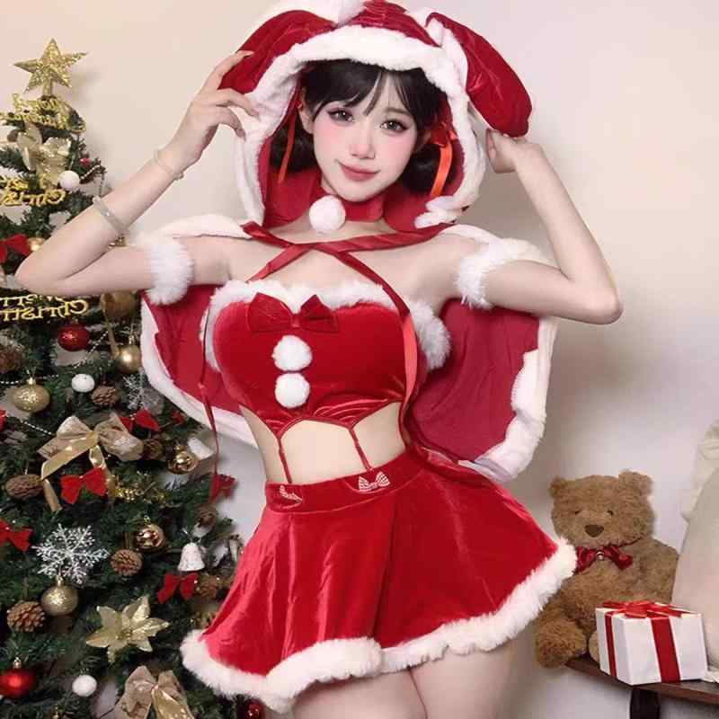 レディース セクシー コスプレ クリスマス トナカイ セット オフショルダー ベルベット ブラジャー ミニスカート Tバック ヘッドドレス アームリング チョーカー ロールプレイング インナー