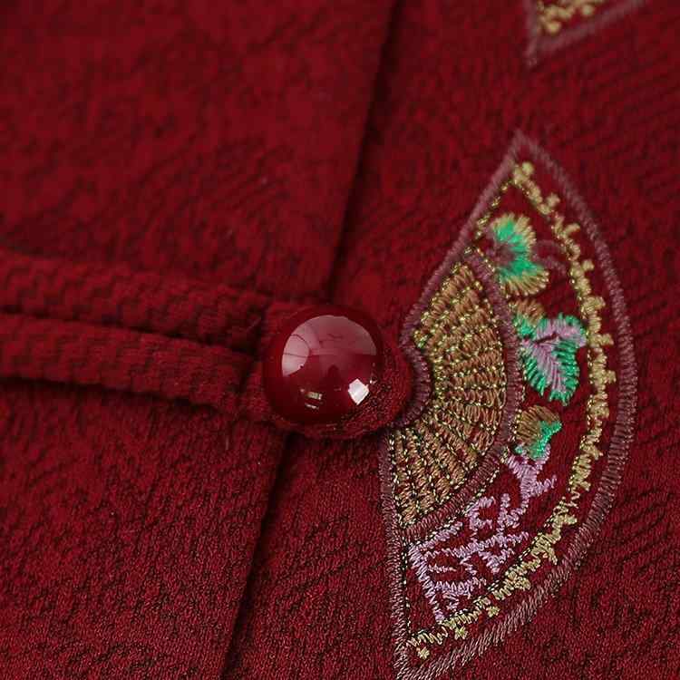 中高年 レディース 春秋 スタンドカラー コート 刺繍 花柄 綿混 民族風 復古 エレガント ポケット 上着 赤 茶 慶事 結婚式 宴会 フォーマル モダン 優雅
