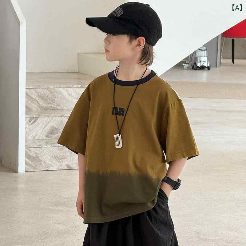 Tシャツ 男の子 半袖 大きめサイズ 綿混 吸湿速乾 柔らか素材 夏 韓国スタイル 切り替え柄 丸首 おしゃれ ストリート ファッション トップス カジュアル 普段使い