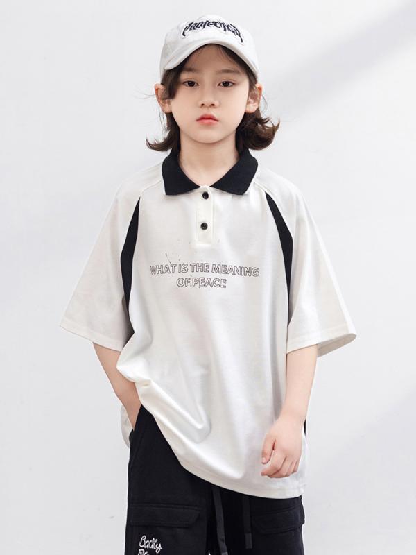ポロシャツ 男の子 かわいい 半袖 夏 おしゃれ カジュアル 綿 柔らかい 吸湿速乾 薄手 軽量 白 黒 切り替え プリント ロゴ トップス 韓国スタイル ストリート 普段使い ジュニア