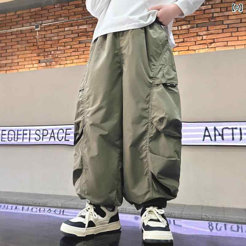 男の子 夏 カジュアル パンツ 薄手 ロング 防蚊 カーゴ 緑 ポリエステル 中腰 ゴムウエスト 柔軟 素材 運動 普段使い スタイリッシュ ボトムス