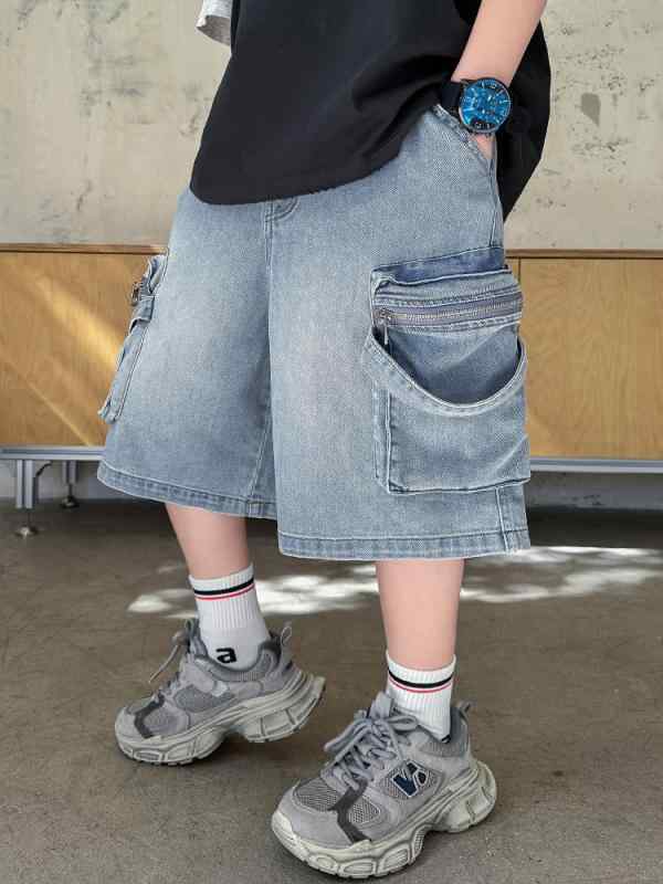 男の子 デニム ショーツ 夏 韓国 コットン 素材 柔らかい 無地 ミッドライズ エラスティック ウェスト 立体 ポケット ジッパー カジュアル トレンド ボーイズ 夏服 ショートパンツ