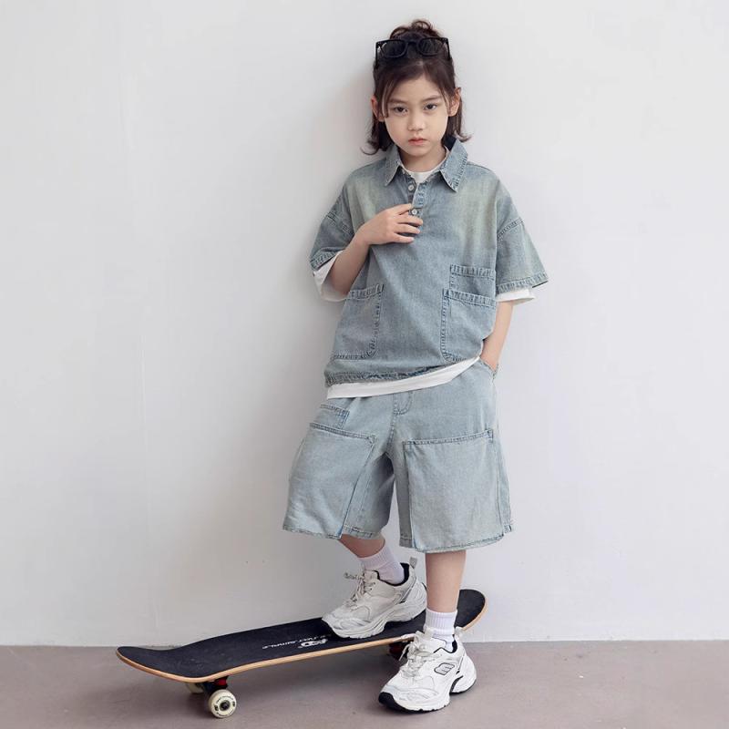 男の子 夏 デニム セット 半袖 トップス ショートパンツ コットン 混紡 薄手 柔らかい 素材 青 無地 韓国スタイル スタイリッシュ