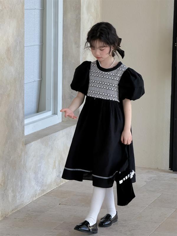 ワンピース 女の子 夏 綿 パフスリーブ プリンセススカート 切り替え 韓国スタイル 無地 杏 黒 かわいい 子供服 日常着 柔らかい素材 優れた通気性 軽量設計 肌触り良い