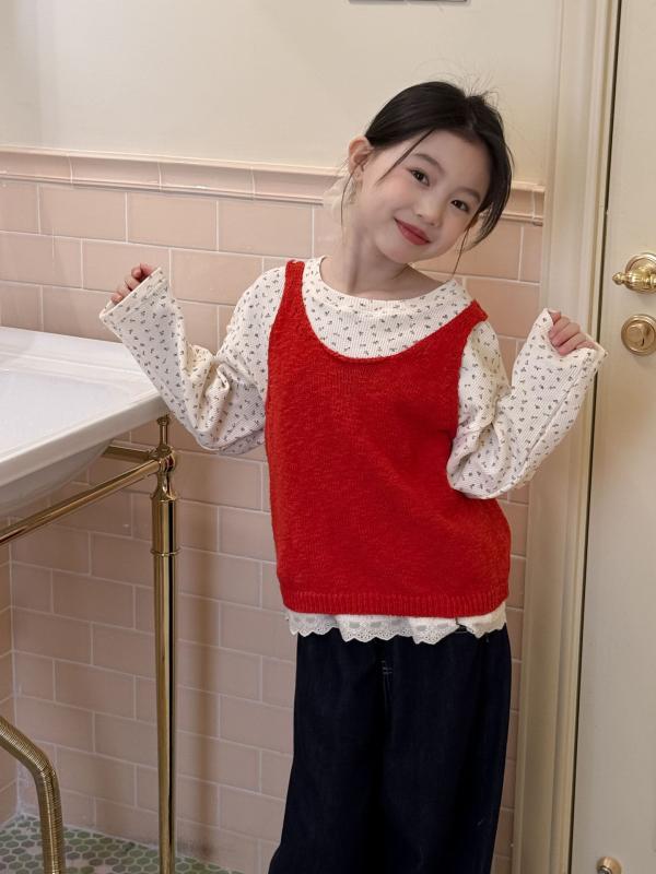 女の子 セーター ベスト 春 コットン 無地 ラウンドネック 赤 緑 韓国 ボヘミアン トレンド キッズ 中学生 普段使い かわいい ニット キャミソール 長袖なし 柔らかい 普通厚