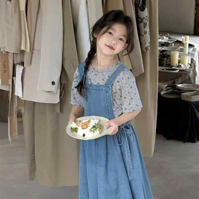 女の子 背広スカート 夏 韓国 レトロ デニム 花柄 ロング フリル 綿素材 青 かわいい 子供服 普段使い 柔らかい ベビー対応