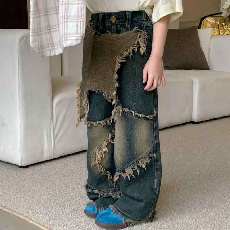 女の子 デニム ワイドパンツ ビンテージ加工 星柄 フリンジ 綿素材 中腰 ゴム腰 春秋 トレンド 個性派 普段使い 伸縮性