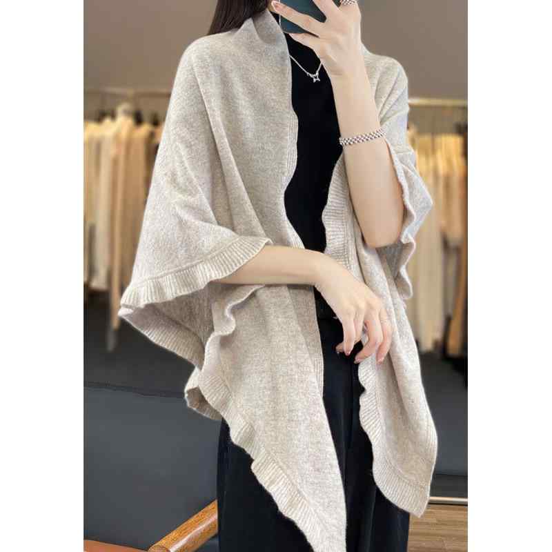 ショール 女性用 純ウール ニット ロング ワイド 三角形 フリンジ ケープ 保温 防寒 ストール マフラー スカーフ 冬 ファッション 無地 ブラウン グレー パープル
