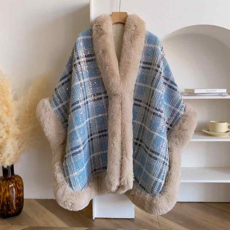 レディース 冬 チェック柄 ゆったり ポンチョ ショール コート 厚手 裏起毛 大型 ファーリー 防風 保温 ウール調 赤 キャメル ブルー 韓国 かわいい ミドル丈 おしゃれ 防寒