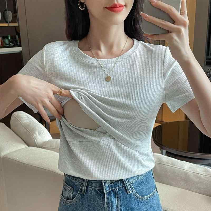 授乳 Tシャツ レディース 妊婦服 産後服 半袖 丸首 トップス 綿 モダール 授乳口 グレー 杏色 春夏 プルオーバー ストリート カジュアル 無地 柔らかい 肌触り