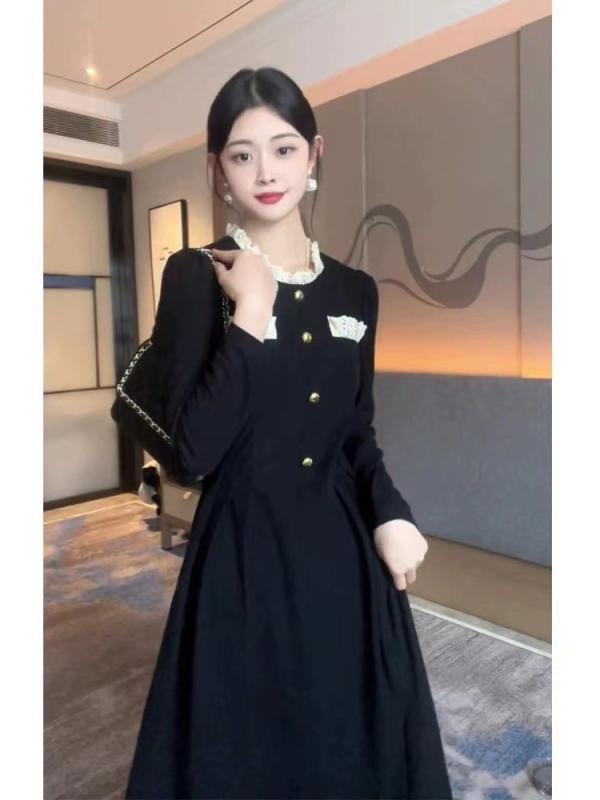 ワンピース 妊婦 産後 授乳 長袖 レース 黒 秋冬 マーメイド ミドル丈 コットン スリム スタンドカラー 手描き 柄 日韓 カジュアル おしゃれ