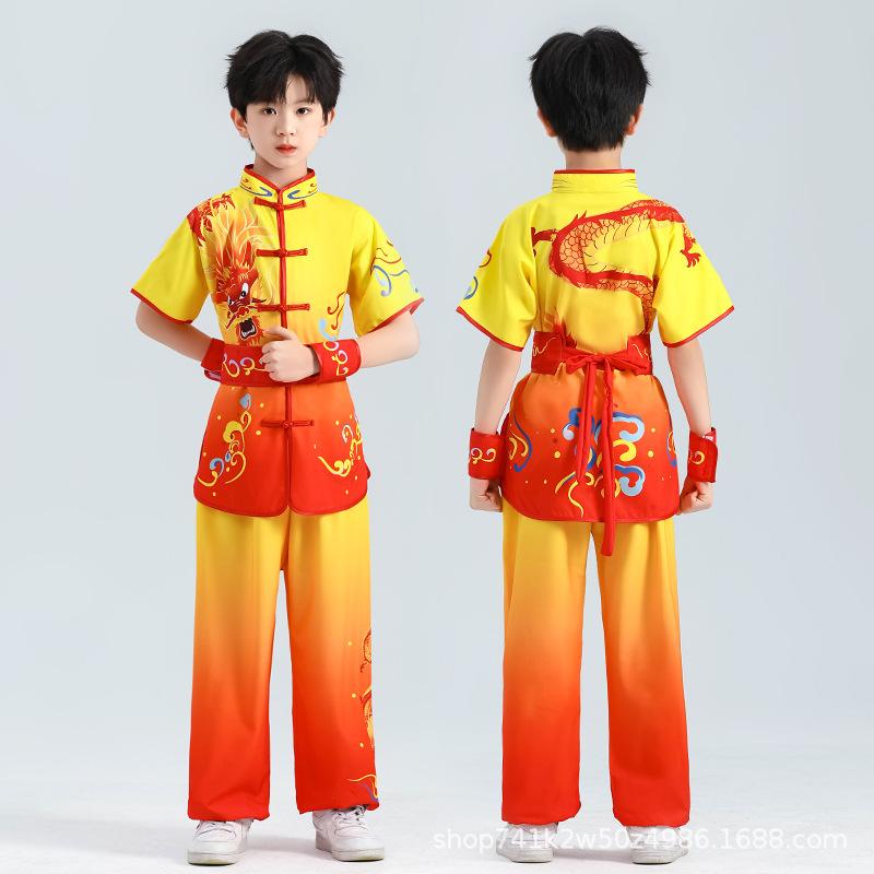 パフォーマンス服 男の子 女の子 子供 大人 太鼓 腰太鼓舞 龍舞 獅子舞 武術 訓練 公演 競技 半袖 長袖 セット 伸縮性 グラデーション 赤黒 黄赤 黒白 春