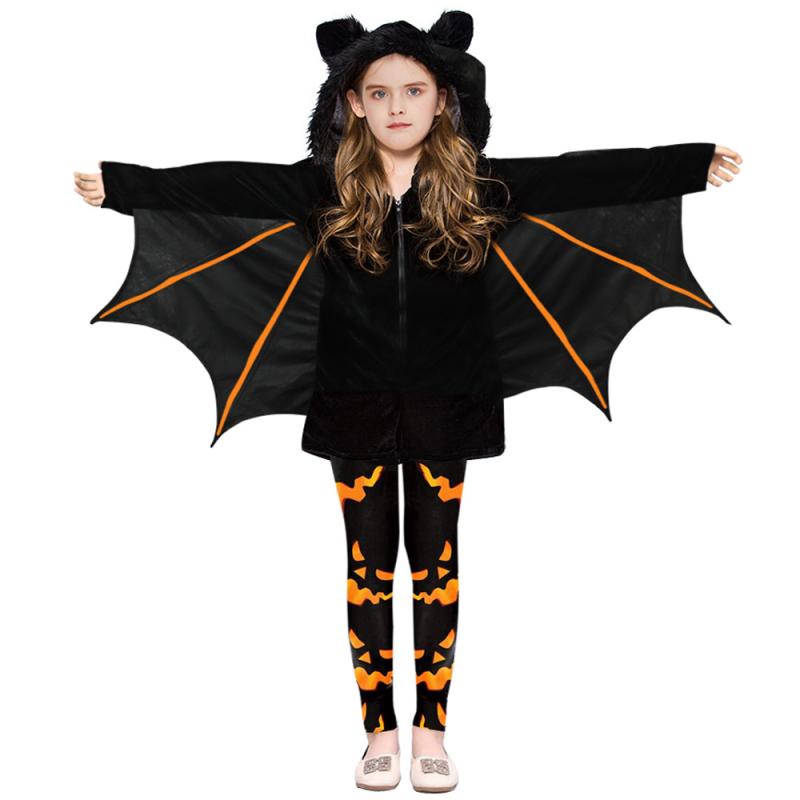 コスプレ服 女の子 ハロウィン キャットウーマン 蝙蝠ケープ 斗篷 マント パーティー 舞台衣装 子供用 ポリエステル スパンデックス 伸縮性 欧米ファンタジー かぼちゃ スケルトン